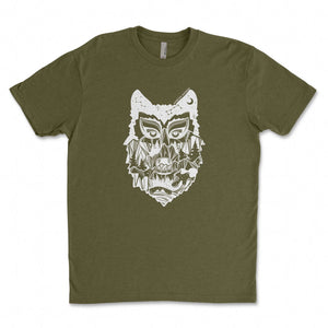Wolf, Unisex T-shirt, Responsibly Made featuring outdoor illustrations on olive green fabric.
