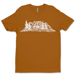 Bear and Mountain, Unisex T-shirt, Responsibly Made, eco friendly tshirt with outdoor illustrations, designed in Canada.