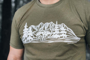 Bear and Mountain, Unisex T-shirt, Responsibly Made featuring outdoor illustrations on soft fabric.