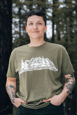 Bear and Mountain, Unisex T-shirt, Responsibly Made, featuring outdoor illustrations by a Canadian artist.