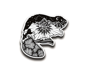 Beaver Sticker featuring black and white original illustration, glossy vinyl outdoor sticker for water bottles and laptops.