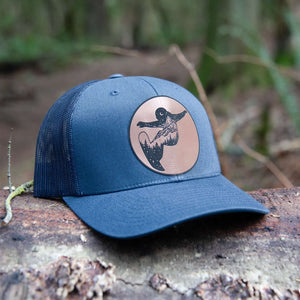 Snowboarder, Trucker Hat with faux leather patch, designed in Canada, perfect outdoor hat for women.