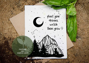 Plant Your Dreams, Watch Them Grow plantable seed card featuring mountain and nature illustration.