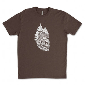 Forest Heart, Unisex T-shirt, Responsibly Made featuring outdoor illustrations on a brown background.