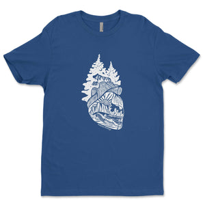 Forest Heart, Unisex T-shirt, Responsibly Made featuring outdoor illustrations on a blue eco-friendly t-shirt.