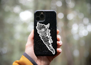 Haida Gwaii Sticker on a phone case, showing an original black and white illustration, perfect outdoor sticker.