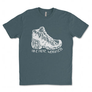Hike More, Worry Less; Unisex T-shirt, Responsibly Made featuring outdoor illustrations and eco friendly tshirt design.
