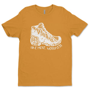 Hike More, Worry Less; Unisex T-shirt, Responsibly Made, featuring outdoor illustrations on a soft, breathable fabric.