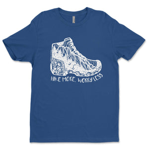 Hike More, Worry Less; Unisex T-shirt, Responsibly Made featuring outdoor illustration on a blue background.