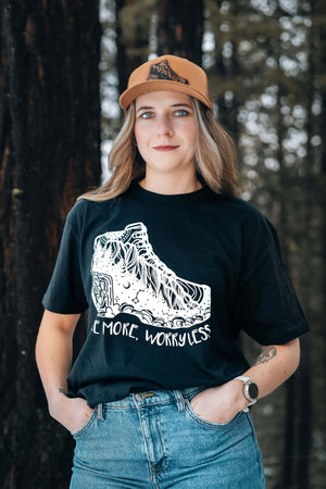 Hike More, Worry Less; Unisex T-shirt, Responsibly Made, eco friendly tshirt with outdoor illustrations in a forest setting.