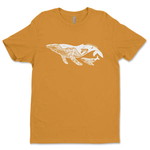 Little Whale, Unisex T-shirt, Responsibly Made in vibrant orange with outdoor illustrations, designed in Canada.