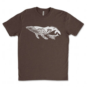 Little Whale, Unisex T-shirt, Responsibly Made featuring outdoor illustrations on a brown eco-friendly tee.