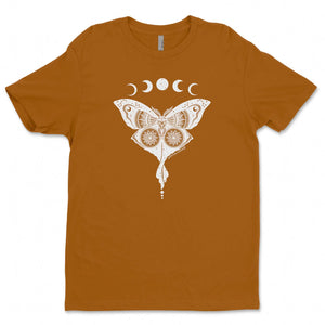 Luna Moth, Unisex T-shirt, Responsibly Made with moon phases design on soft orange fabric.