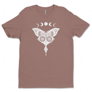 Luna Moth, Unisex T-shirt, Responsibly Made featuring outdoor illustrations by a Canadian artist.