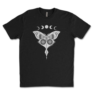 Luna Moth, Unisex T-shirt, Responsibly Made featuring original artwork on a black tee.