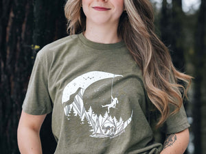 Moon and Climber, Unisex T-shirt, Responsibly Made, featuring outdoor illustrations, designed in Canada, eco friendly tshirt.