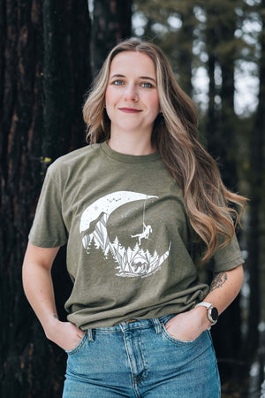 Moon and Climber, Unisex T-shirt, Responsibly Made, featuring outdoor illustrations, designed in Canada, eco friendly tshirt.