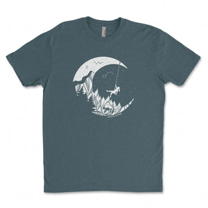 Moon and Climber, Unisex T-shirt, Responsibly Made featuring outdoor illustrations on soft, breathable fabric.