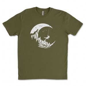 Moon and Climber, Unisex T-shirt, Responsibly Made featuring outdoor illustrations and designed in Canada.