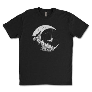 Moon and Climber, Unisex T-shirt, Responsibly Made featuring outdoor illustrations on a black tee.