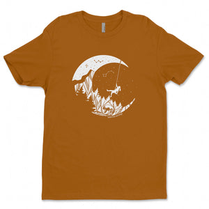 Moon and Climber, Unisex T-shirt, Responsibly Made featuring outdoor illustrations on a soft orange tee.