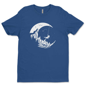 Moon and Climber, Unisex T-shirt, Responsibly Made featuring outdoor illustrations on a blue fabric.