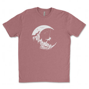 Moon and Climber, Unisex T-shirt, Responsibly Made, featuring outdoor illustrations, designed in Canada.