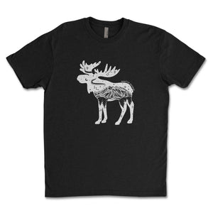 Moose, Unisex T-shirt, Responsibly Made featuring original outdoor illustration on a black tee.