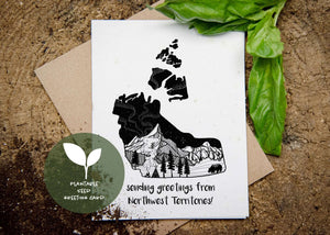 Sending Greetings from Northwest Territories, Plantable Seed Greeting Card featuring black and white illustration art.