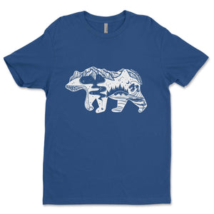 Roaming Bear, Unisex T-shirt, Responsibly Made, featuring outdoor illustrations on a blue shirt.