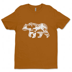Roaming Bear, Unisex T-shirt, Responsibly Made featuring outdoor illustrations on a soft brown fabric.