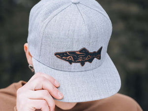 Salmon, Flat Bill Hat with salmon design, adjustable snapback, perfect for outdoor adventures.