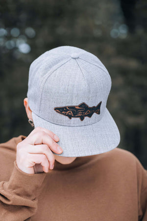 Salmon, Flat Bill Hat with salmon design, adjustable snapback, perfect for outdoor adventures.