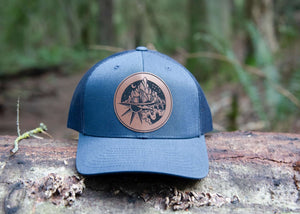 Sea to Sky Trucker Hat with faux leather patch, perfect outdoor hat for women, designed in Canada.