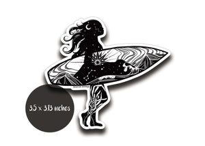 Surfer Sticker featuring an original black and white illustration, waterproof vinyl outdoor sticker for smooth surfaces.