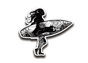 Surfer Sticker with black and white original illustration, glossy vinyl finish, perfect for outdoor use.