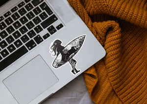 Surfer Sticker on a laptop, showcasing an original black and white illustration, perfect outdoor vinyl sticker.