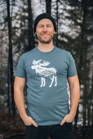 Moose, Unisex T-shirt, Responsibly Made featuring outdoor illustrations by a Canadian artist.