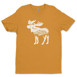 Moose, Unisex T-shirt, Responsibly Made in soft fabric, featuring outdoor illustrations by a Canadian artist.
