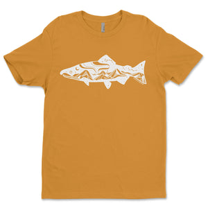 Salmon, Unisex T-shirt, Responsibly Made featuring outdoor illustrations on a soft, eco friendly tshirt.