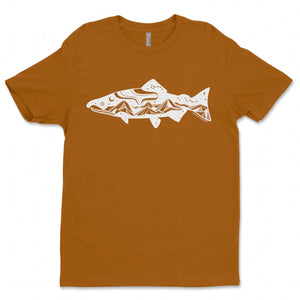 Salmon, Unisex T-shirt, Responsibly Made, featuring outdoor illustrations and designed in Canada.