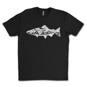 Salmon, Unisex T-shirt, Responsibly Made featuring outdoor illustrations on a black background.