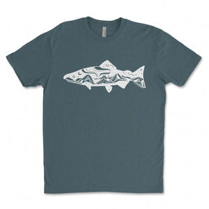 Salmon, Unisex T-shirt, Responsibly Made featuring outdoor illustrations on a soft, eco friendly t-shirt.