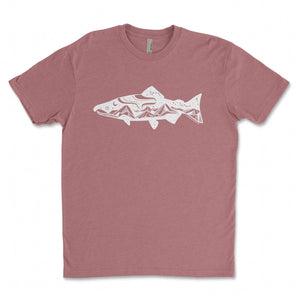 Salmon, Unisex T-shirt, Responsibly Made featuring outdoor illustrations on a soft, eco friendly tshirt.