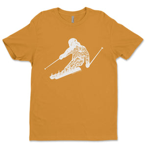 Skier, Unisex T-shirt, Responsibly Made, featuring outdoor illustration on eco friendly tshirt, designed in Canada.