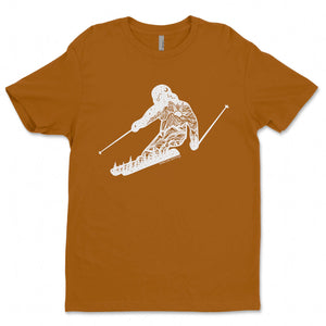 Skier, Unisex T-shirt, Responsibly Made featuring outdoor illustration on eco friendly tshirt in warm color.