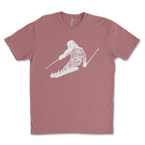 Skier, Unisex T-shirt, Responsibly Made featuring outdoor illustrations, designed in Canada, eco-friendly fabric.