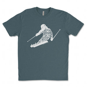 Skier, Unisex T-shirt, Responsibly Made with outdoor illustration, eco friendly fabric, designed in Canada.