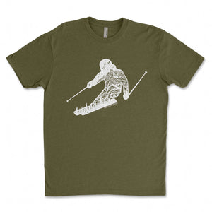 Skier, Unisex T-shirt, Responsibly Made featuring outdoor illustrations on soft, eco friendly tshirt.