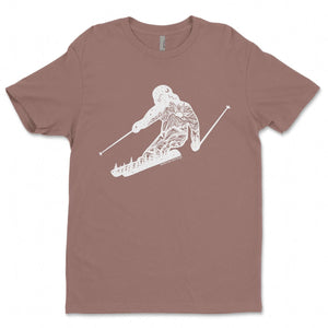 Skier, Unisex T-shirt, Responsibly Made featuring outdoor illustrations on a soft, eco-friendly fabric.